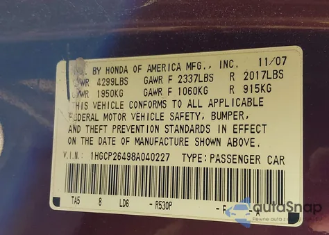 2008 Honda Accord 2.4 Lx-P z USA, uszkodzony, nr VIN 1HGCP26498A040227